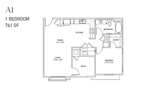 Floor plan for 1 bed, 1 bath, 761 sqft